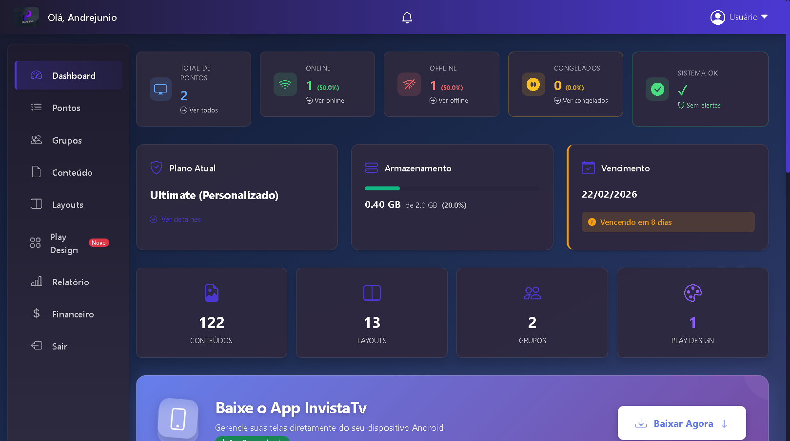 Dashboard da plataforma de digital signage PlayTVi