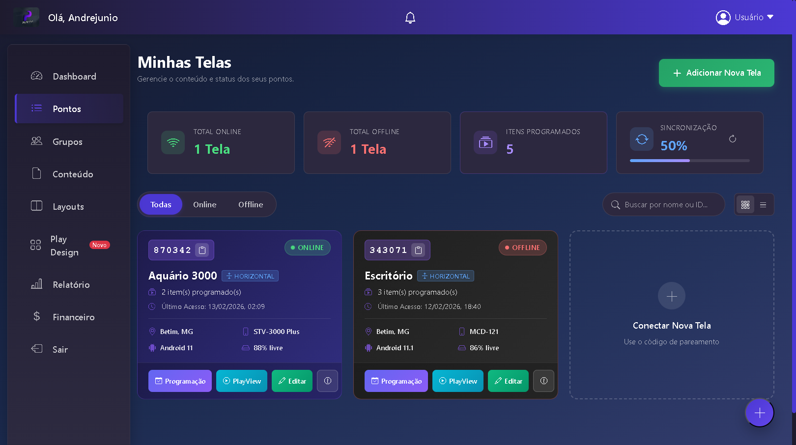 Gestão de pontos e telas